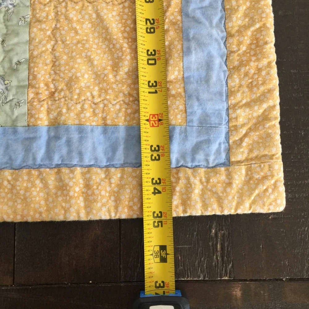 Handmade Patchwork Quilt 35x30 In Yellow Blue‎ Baby Blanket Birds Cotton